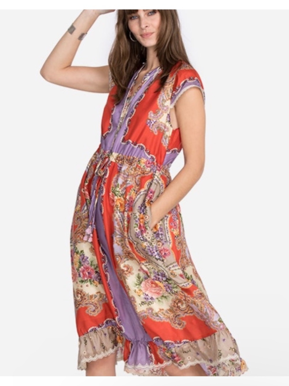 Johnny Was Medium Markel Lucy Tie Dress Silk Orange Purple Floral Boho Gypsy - Picture 9 of 11